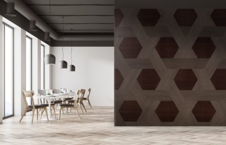 Woven Custom Elevations Panel made of Veneer on an Accent Wall in a Restaurant Dining Room